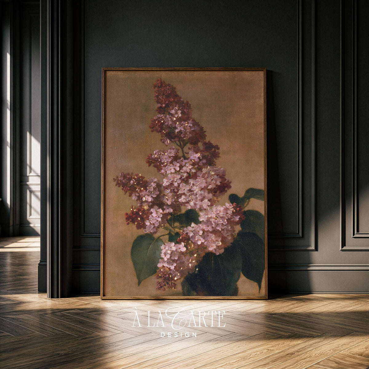 Flowering lilac digital print for farmhouse — vintage still life with deep green leaves and aged canvas feel