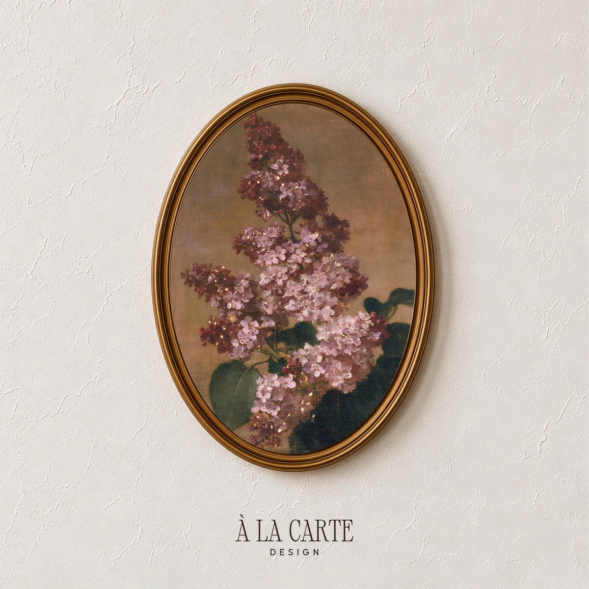 Lilac branch painting wall art for bedroom — vintage moody floral with mauve clusters and amber background