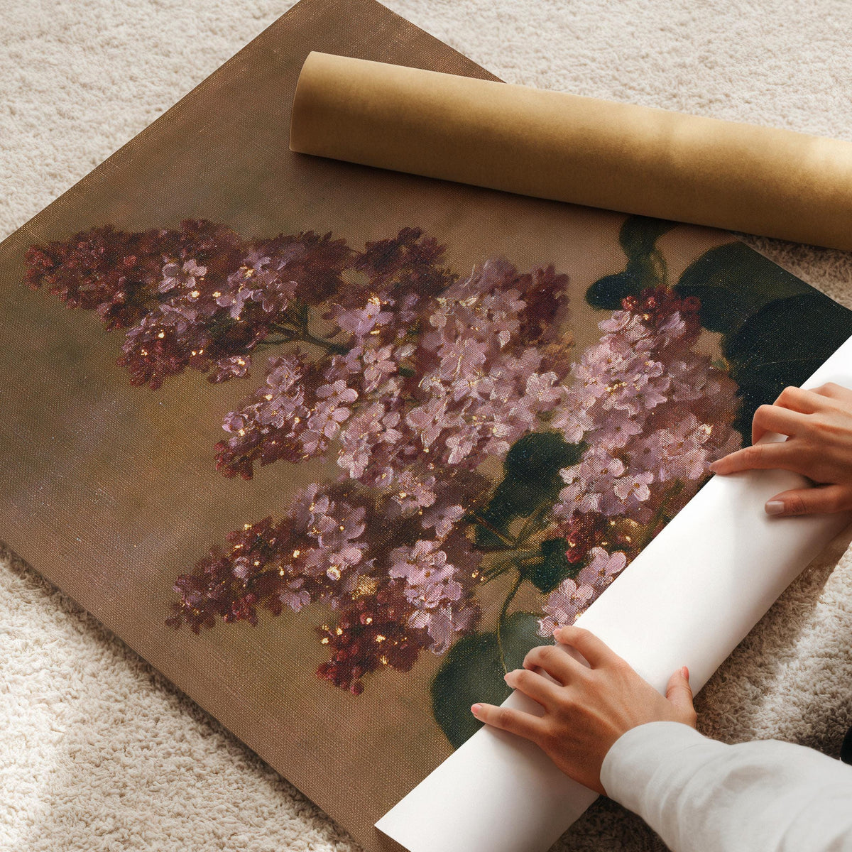 Lilac flowers gallery wall art for hallway — romantic vintage painting with muted mauve and natural backdrop