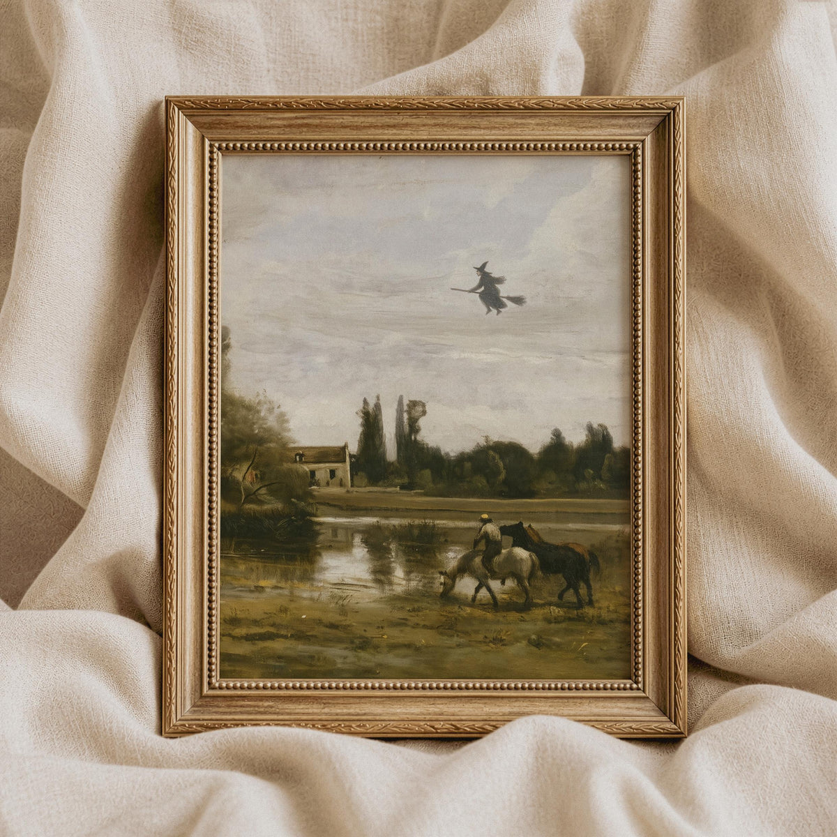 Seasonal Halloween artwork digital file — antique witch silhouette above tranquil farmland with distant homestead