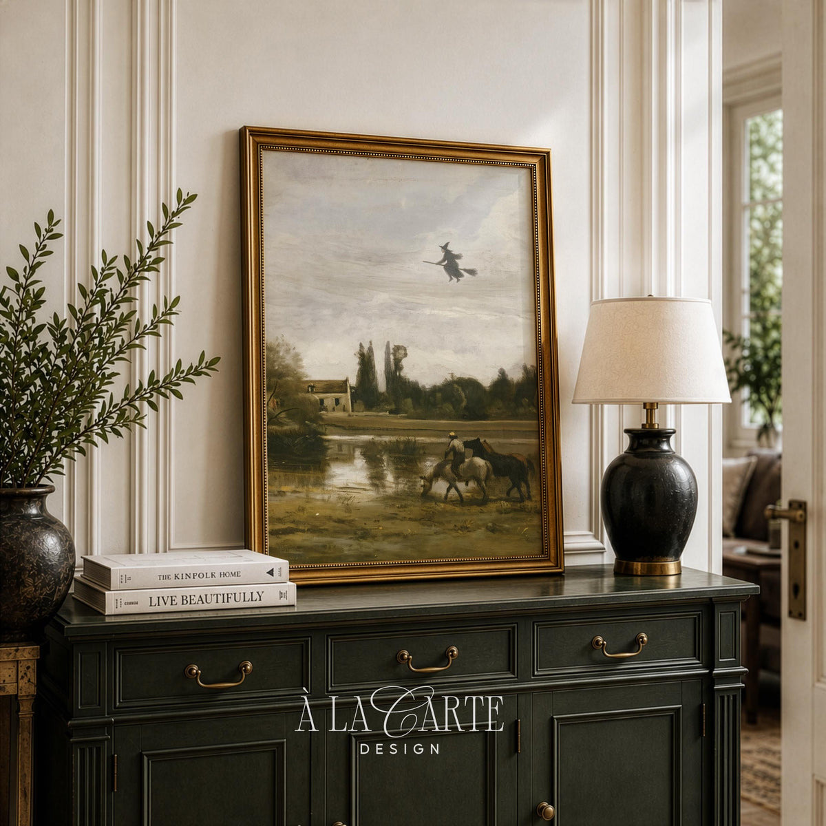 Broomstick rider silhouette wall art for bedroom — antique spooky pastoral scene with earthy autumn tones