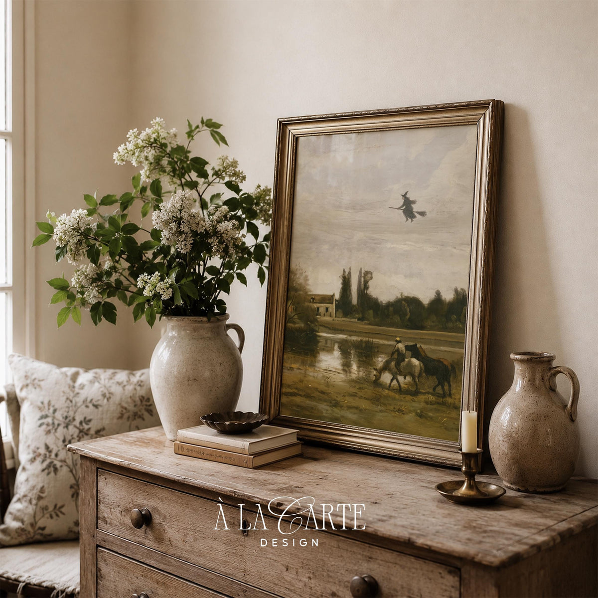 Flying witch printable picture for study room — vintage pastoral scene with muted tones and classical landscape elements
