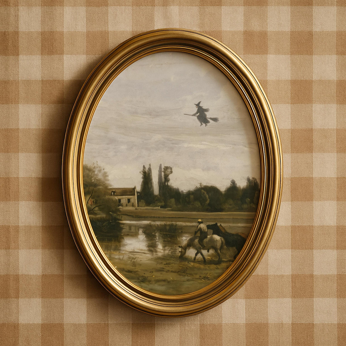Spooky countryside scene picture printable — antique autumn landscape featuring airborne witch above pastoral setting