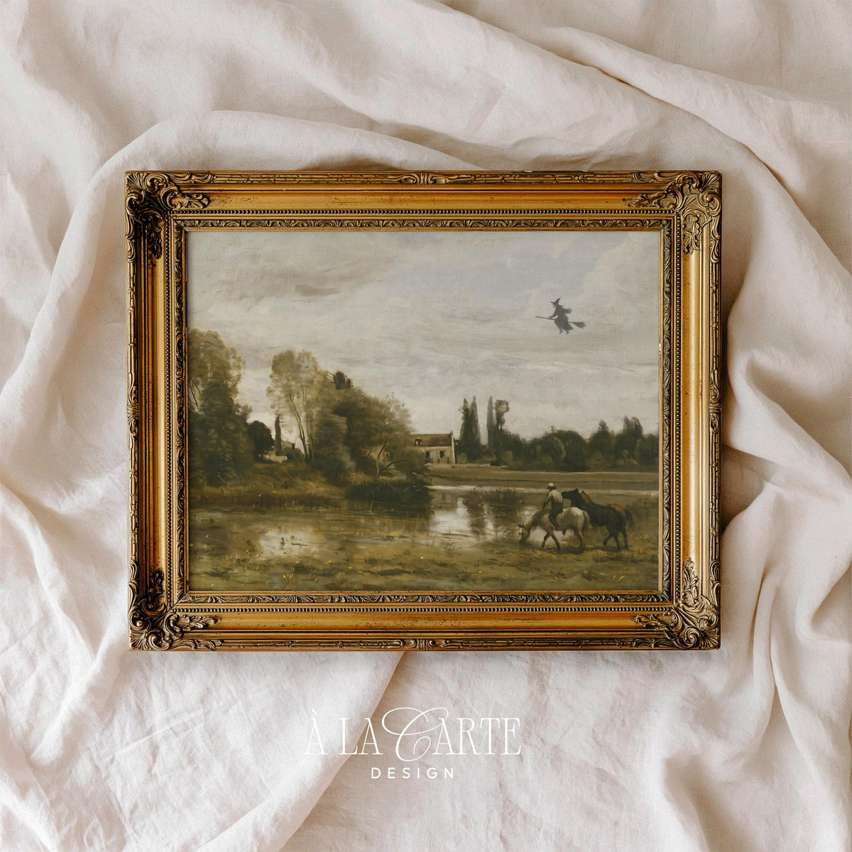 Ethereal witch poster with rustic charm — soft-textured brushstrokes capturing horseman and riverside trees