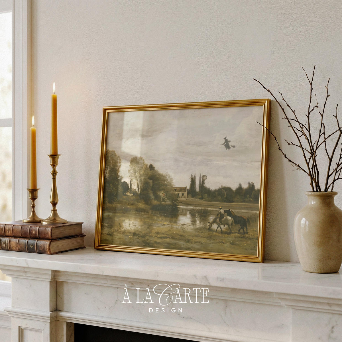 Atmospheric countryside picture poster — witch silhouette contrasting peaceful riverside landscape and cottage