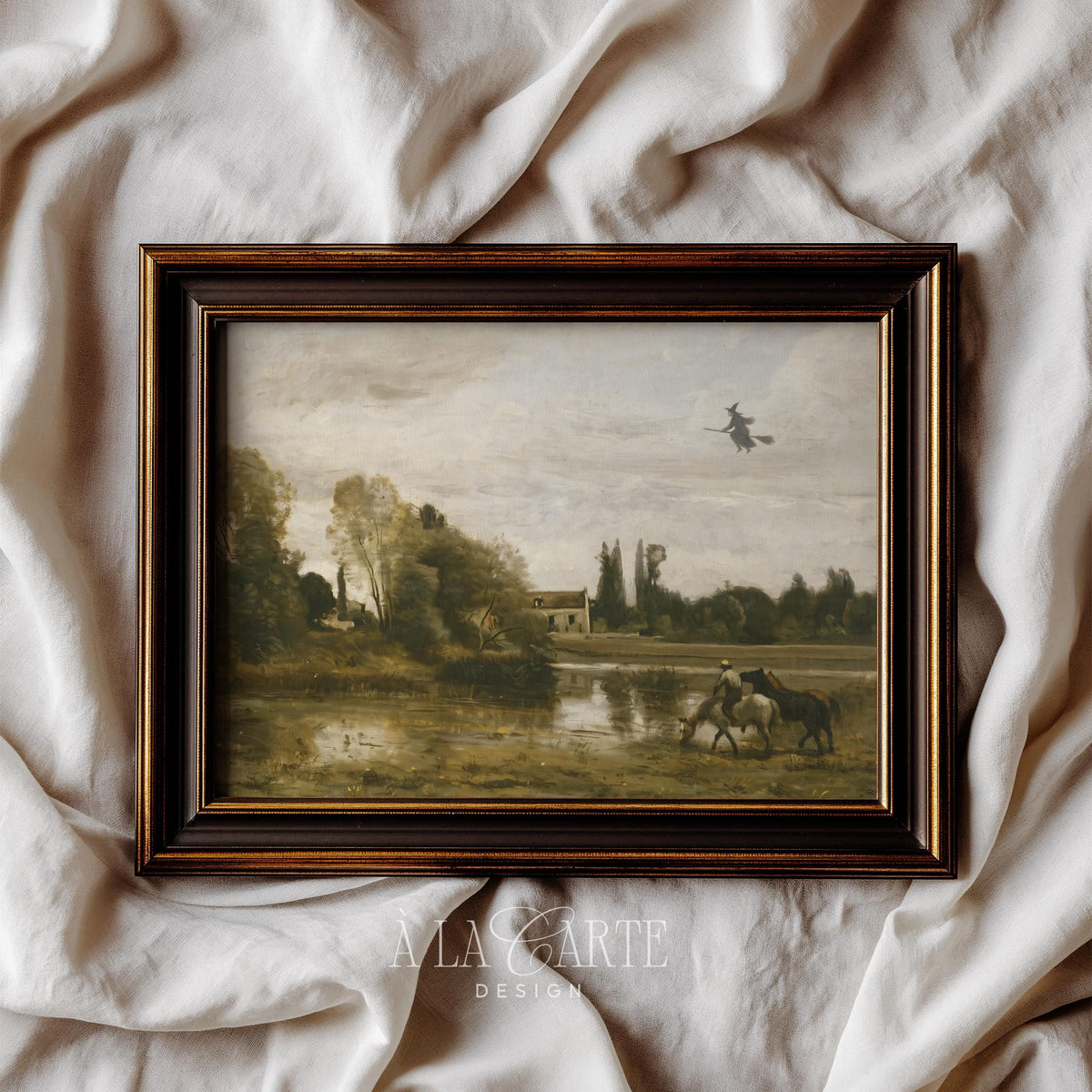 Spooky broomstick rider picture for study — elegant dark whimsy over pastoral farmland scenery
