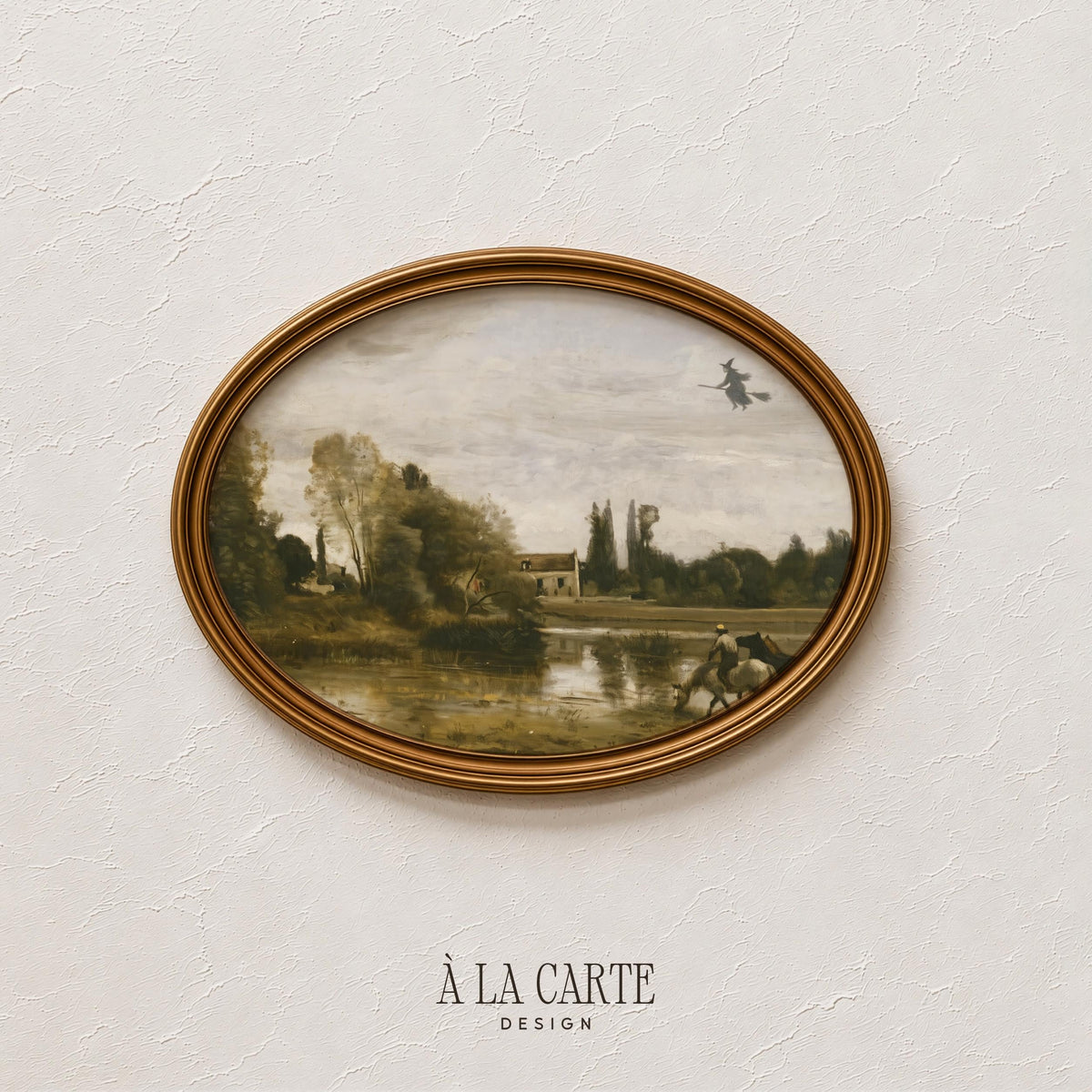 Vintage farmhouse wall painting featuring airborne sorceress — serene countryside with grazing horses and reflections