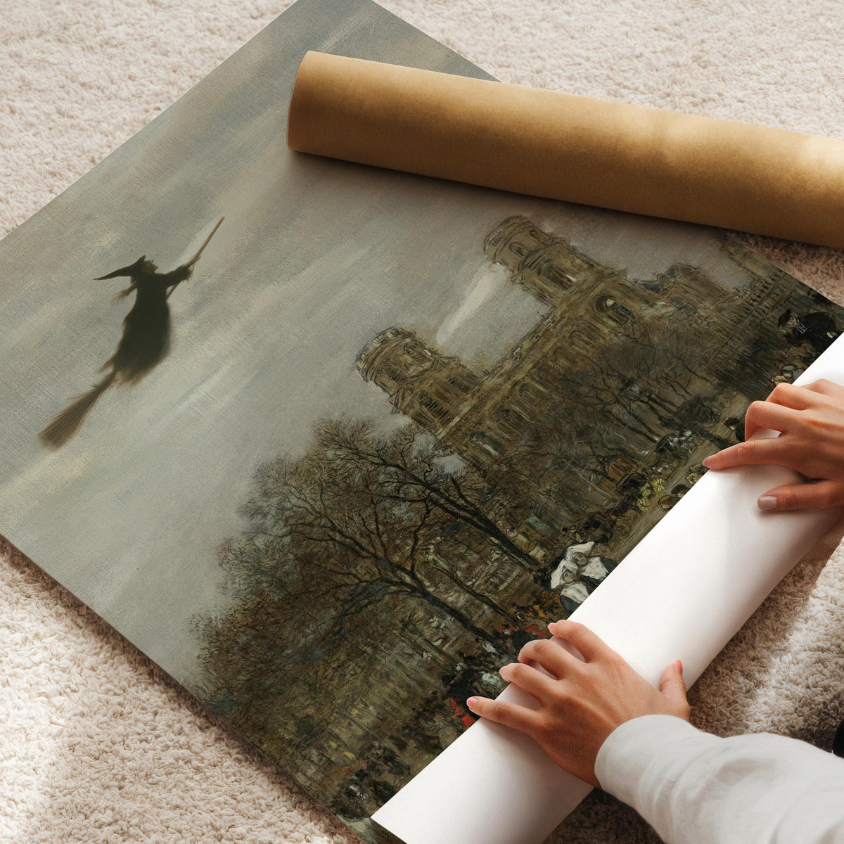 Dark academia Halloween poster for living room — flying witch artwork featuring historic cityscape and weathered vintage brushwork