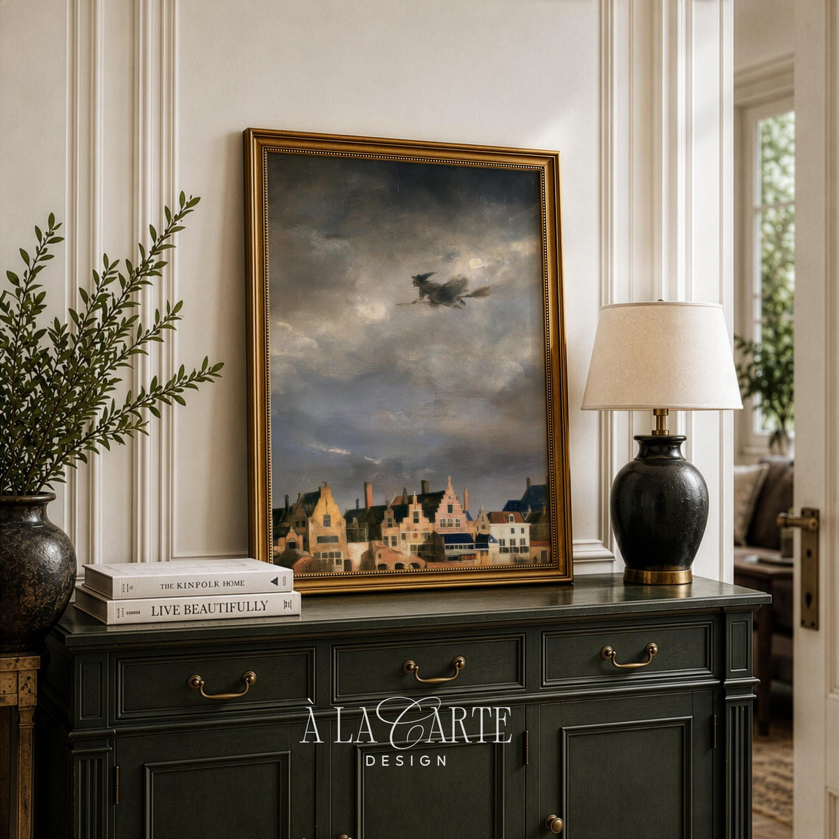 Antique witch artwork digital download for entryway — moody European architecture with dramatic overhead sky