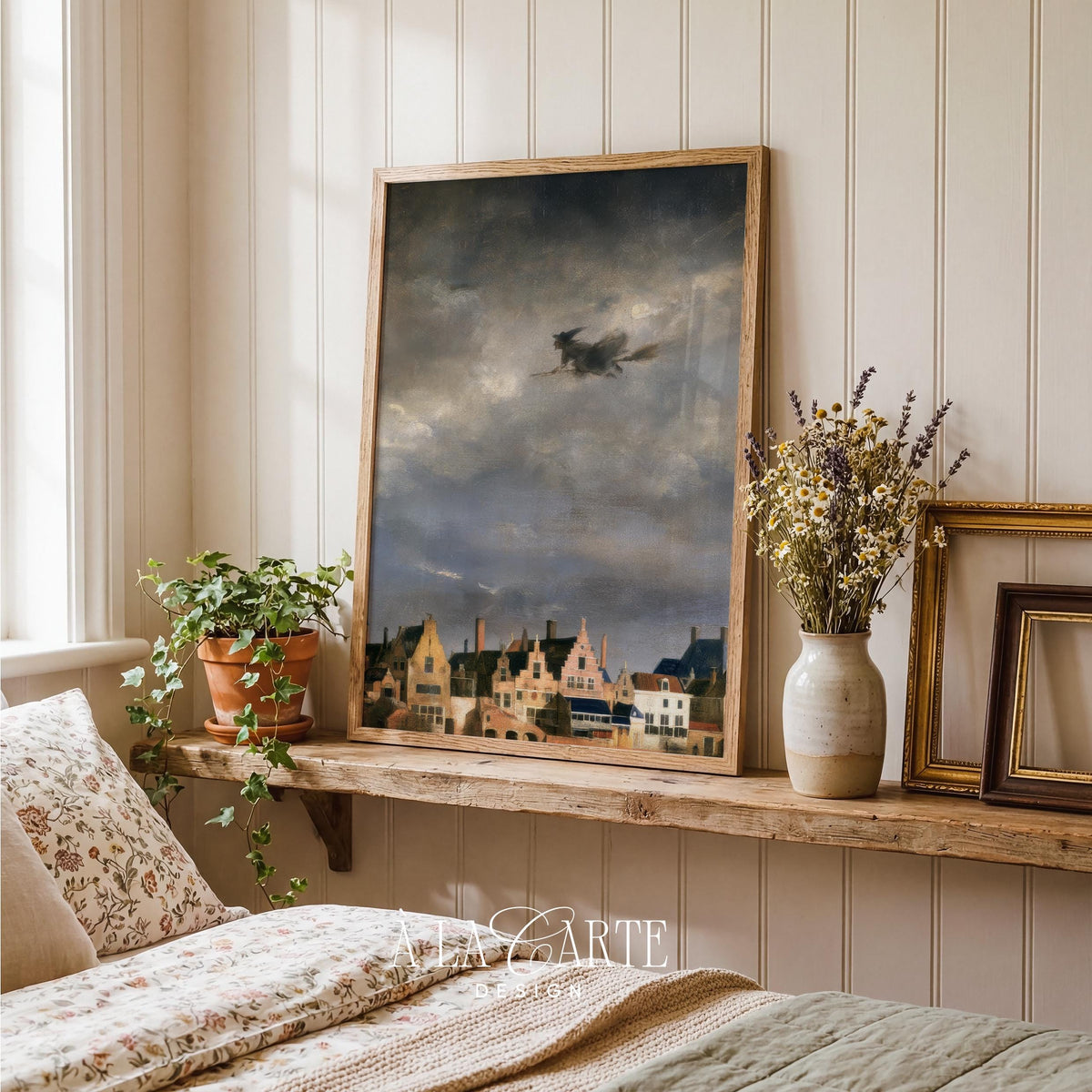 Broomstick silhouette wall print for Halloween decor — aged painterly landscape with atmospheric vintage feel