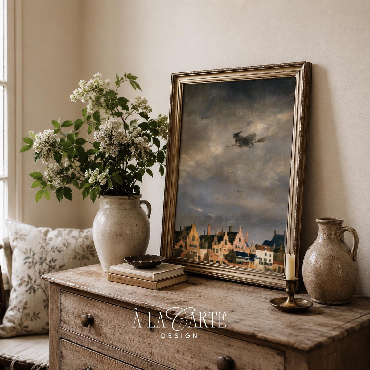 Flying enchantress painting for gallery wall — old master style twilight landscape with vintage charm