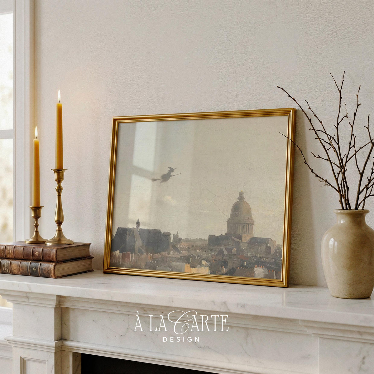 Enchanted flyer above rooftops digital artwork — antique European scene with soft hazy sky and sophisticated gothic mood