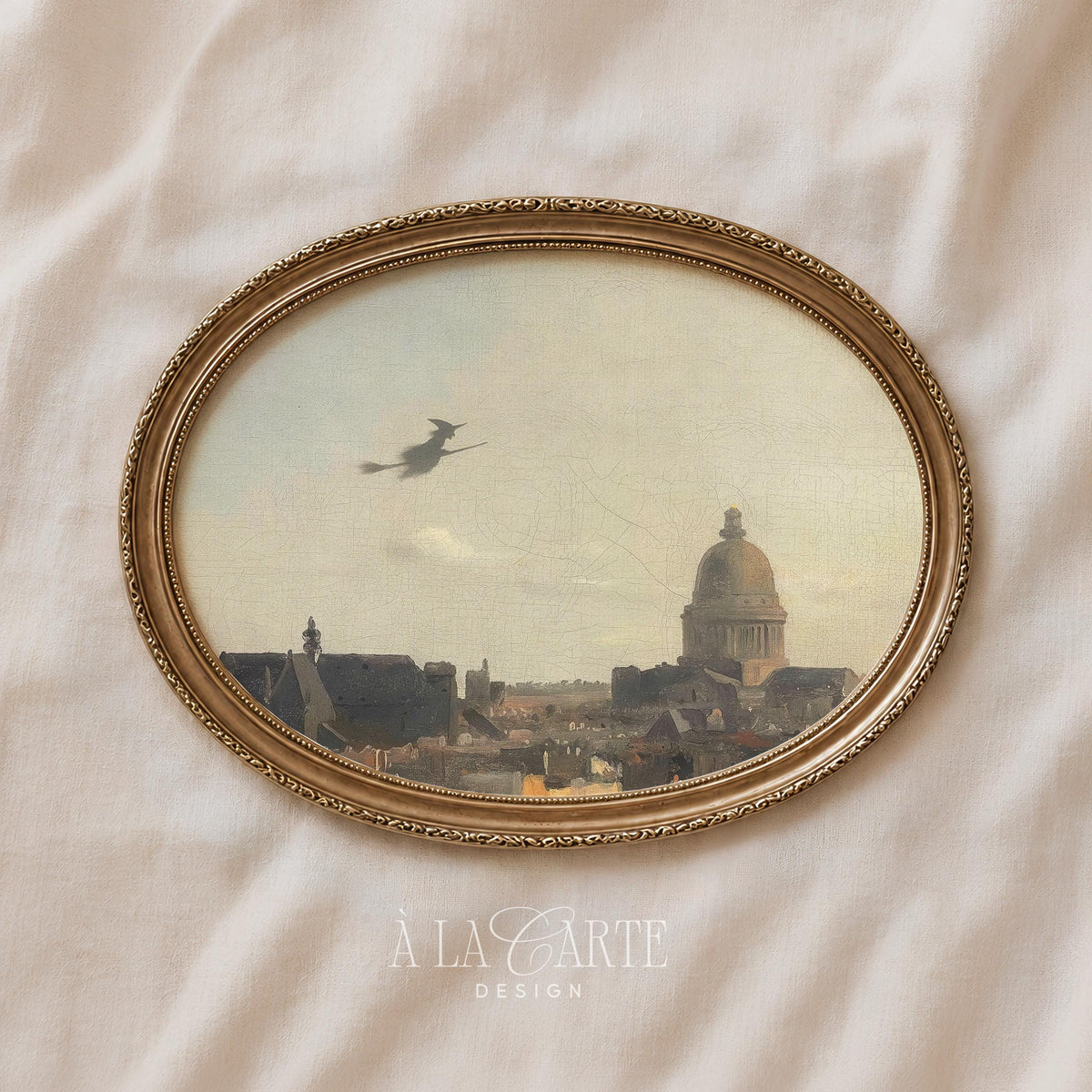Airborne sorceress poster art — muted vintage painting style with historic domed building and atmospheric depth