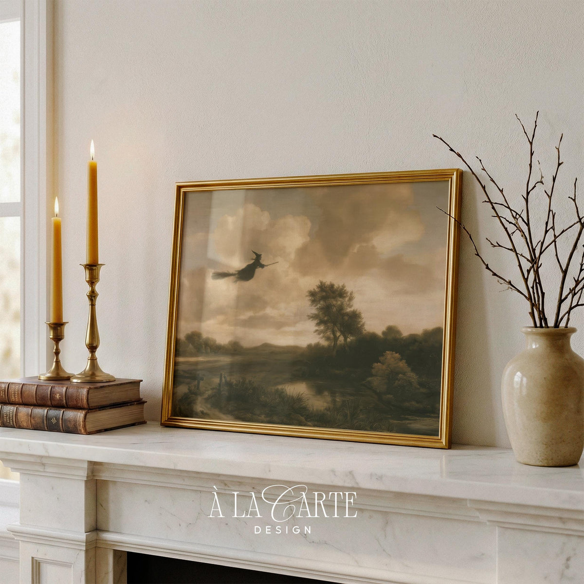 Mystical airborne silhouette picture printable decor — moody autumn countryside with glowing overcast