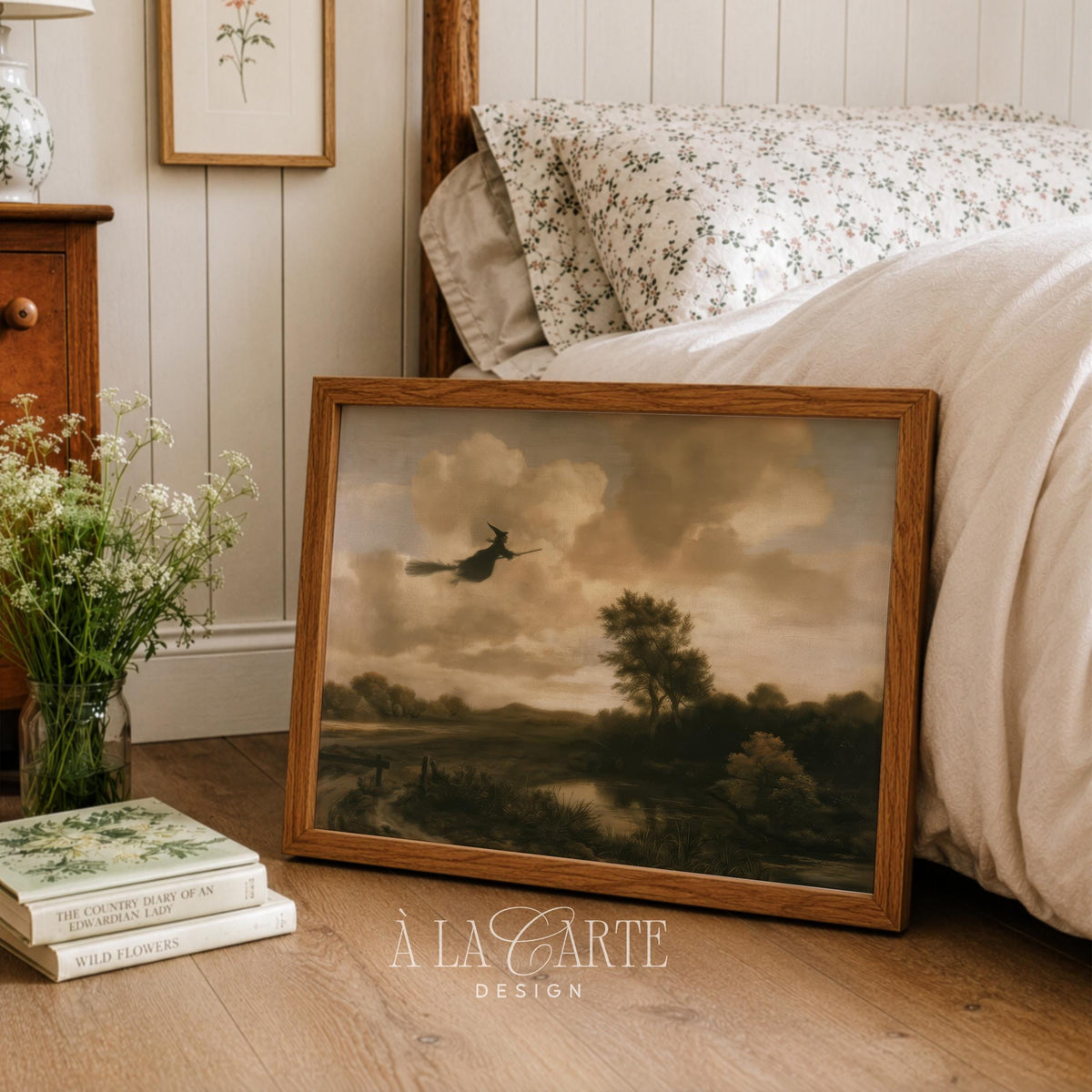 Broomstick silhouette poster for bedroom — atmospheric oil painting style with rolling hills and pond