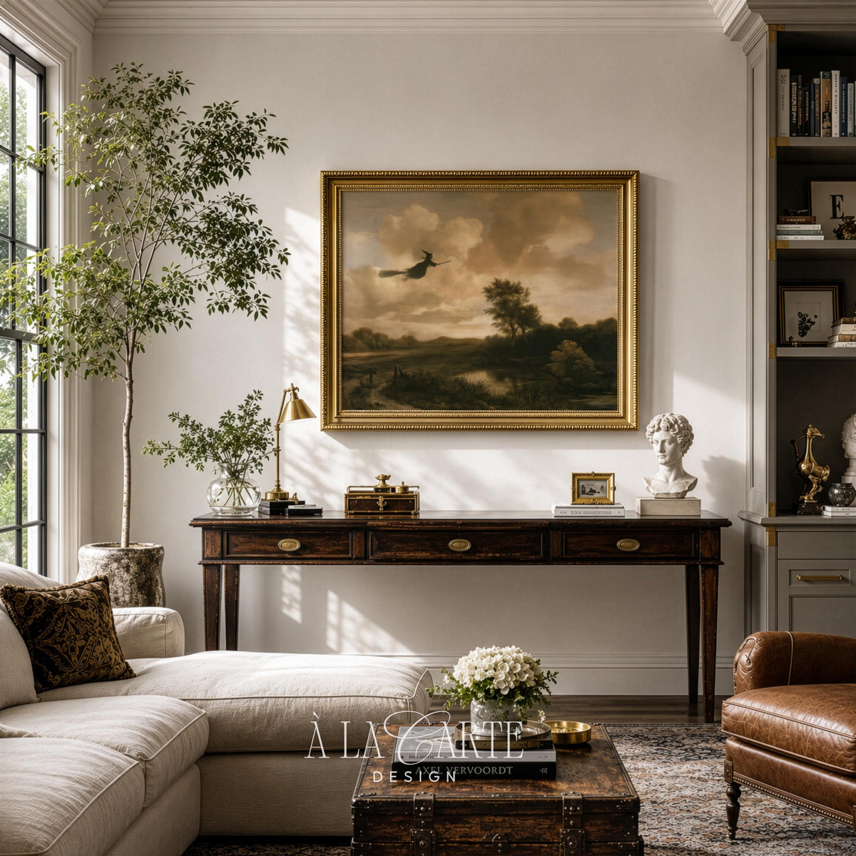 Flying sorceress wall art featuring dramatic clouds and tranquil farmland in muted earth tones