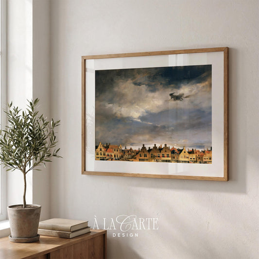 Flying enchantress poster for entryway — storybook Halloween scene with layered cloudy sky and historic roofline