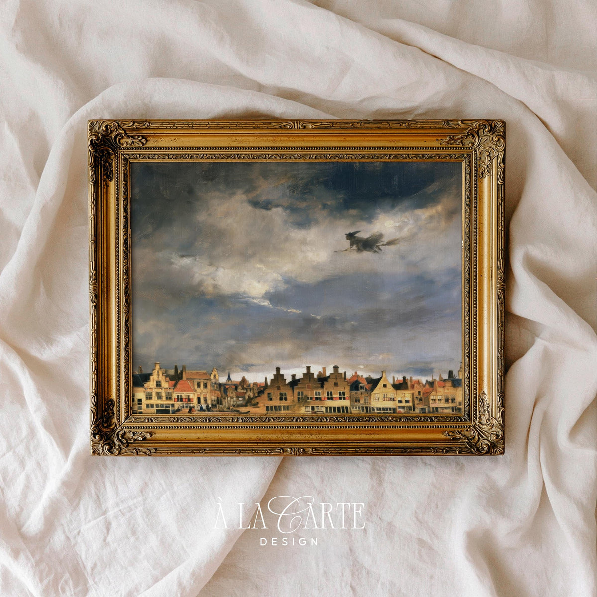 Witch flying on broomstick printable art for bedroom — vintage Halloween painting with moody sky and European village below