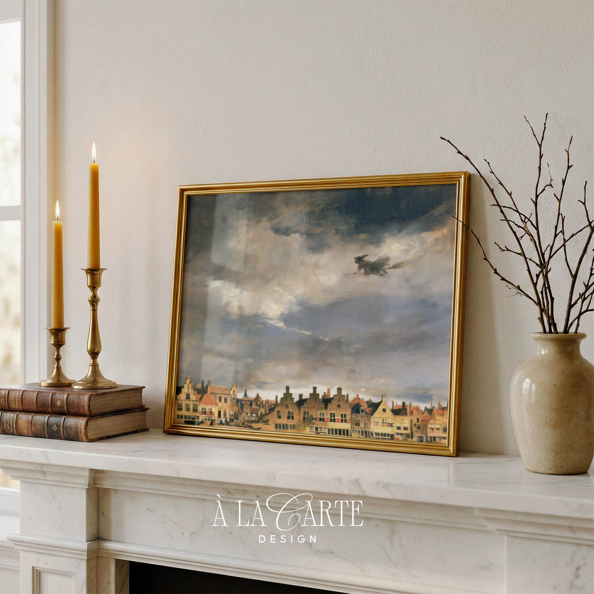 Bewitched night sky picture for hallway — elegant spooky design featuring silhouetted figure soaring above village skyline
