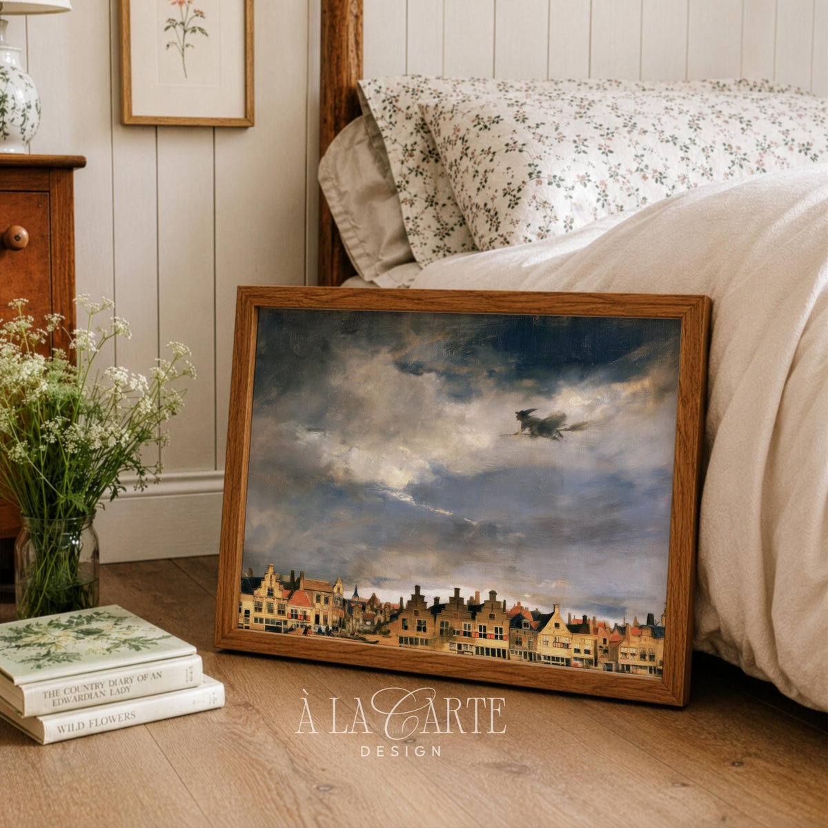 Enchanted flight painting for living room — vintage-style Halloween decor featuring lone airborne figure and cloudy atmosphere