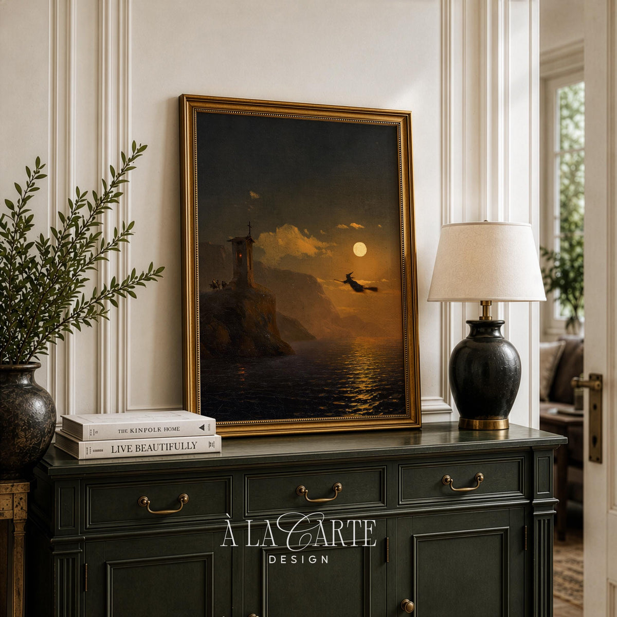 Magical midnight flight poster for game room — vintage atmospheric painting with witch figure and golden moonrise over coastal landscape