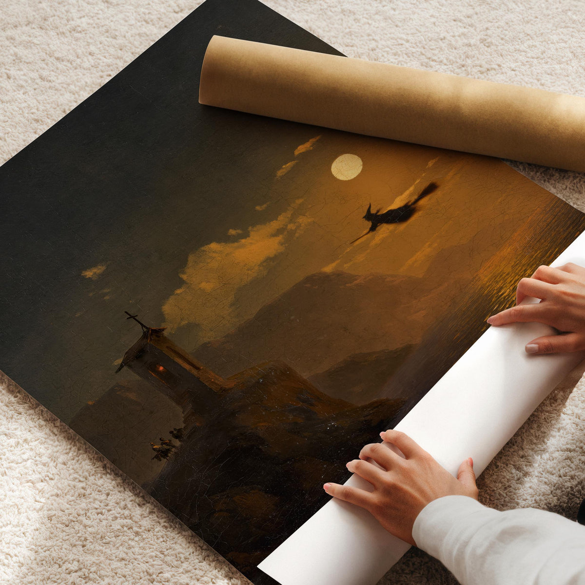 Broomstick rider over moonlit ocean poster for living room — gothic vintage-style Halloween decor with stone tower and rocky shores