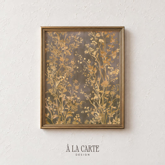 Neutral floral wall art for study — vintage tapestry design featuring weathered botanical elements and cottagecore elegance