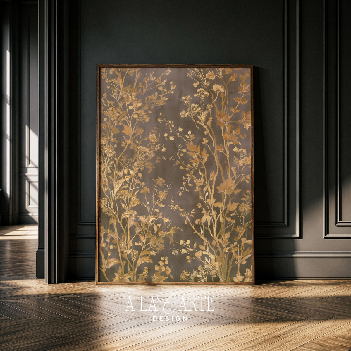 Antique floral tapestry wall art for living room — weathered foliage and delicate flowers with heirloom patina aesthetic