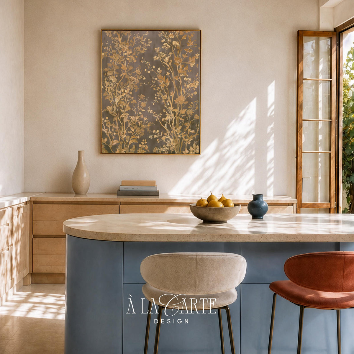 Neutral botanical print for dining room — vintage tapestry-style illustration with faded flower clusters and rustic charm