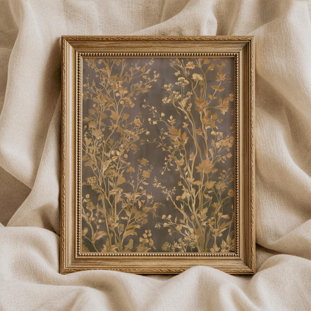 Vintage botanical branches wall art for bedroom — soft golden-tan stems with scattered delicate blooms on distressed background