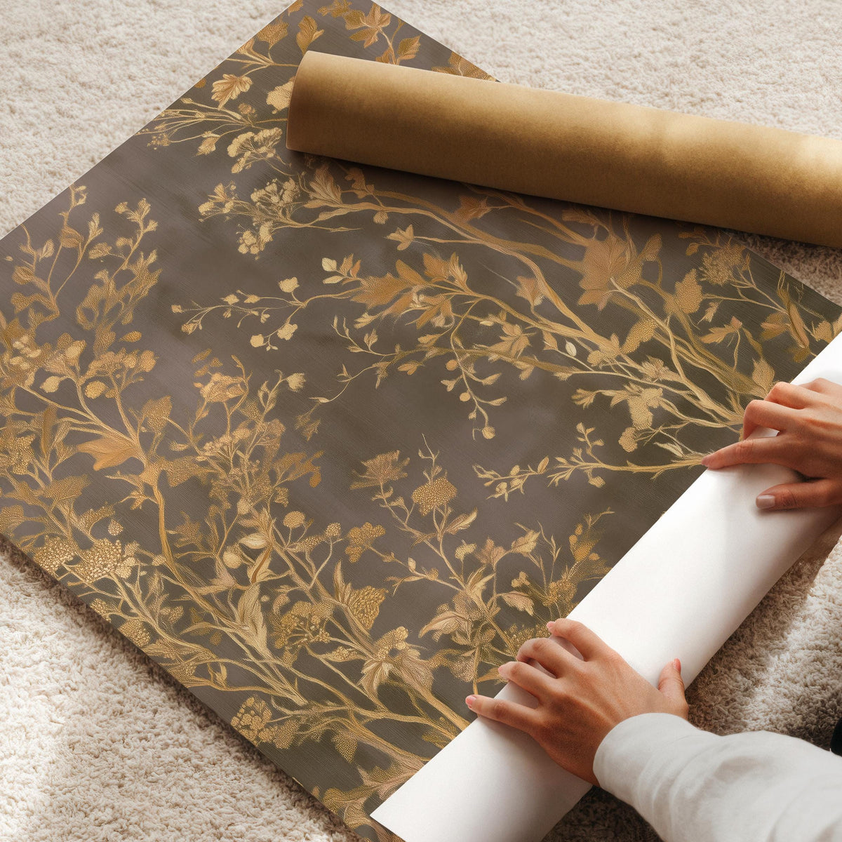 Antique botanical blossoms digital download — muted brown-gray palette with golden branches and heirloom-inspired flower clusters