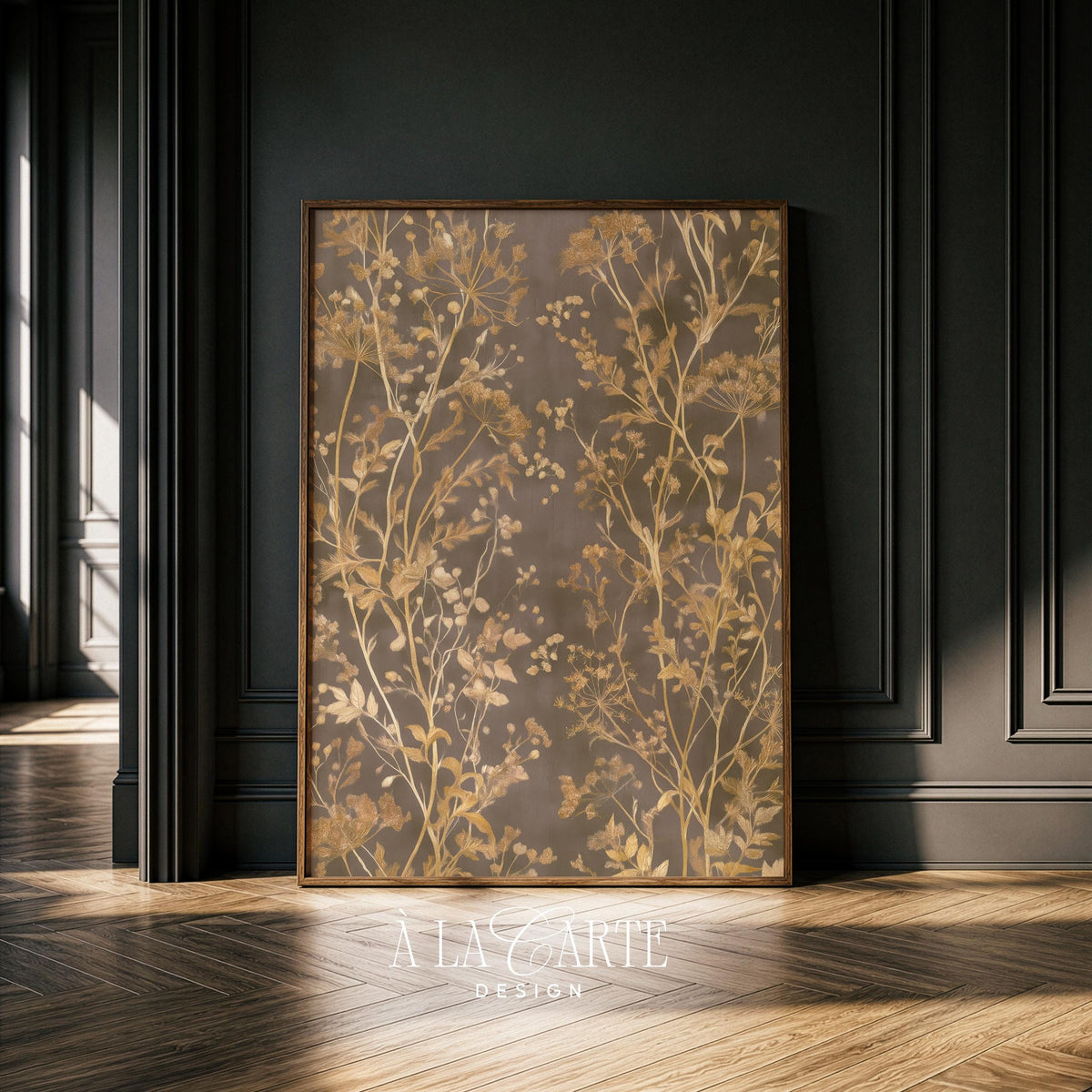 Floral tapestry wall art featuring intricate leaf silhouettes — vintage cottagecore print in faded brown palette