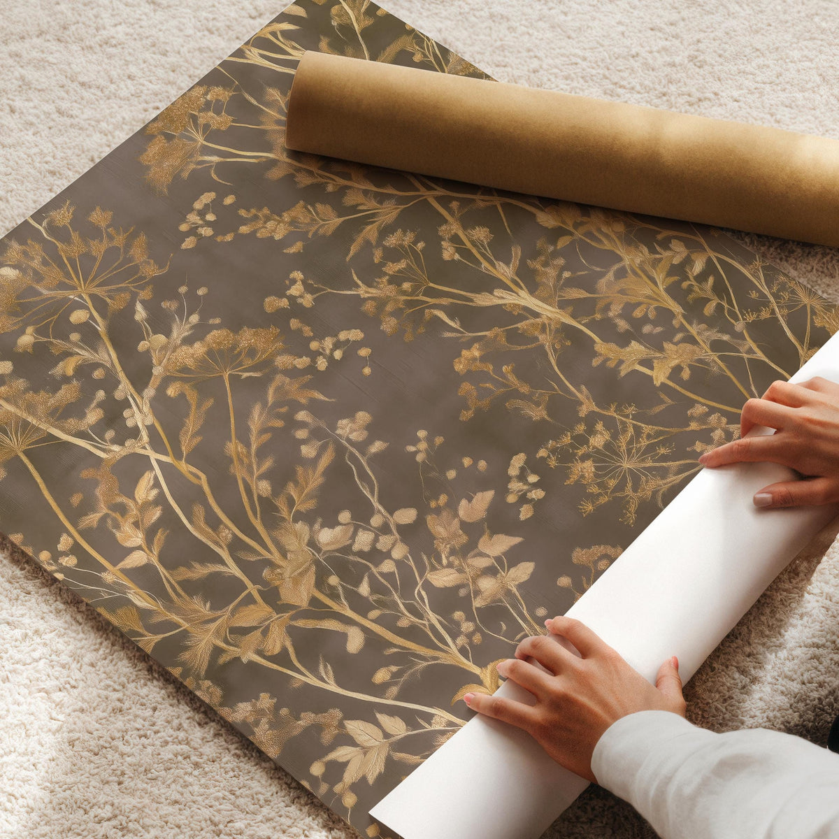 Antique branch tapestry picture featuring delicate stems — aged aesthetic neutral wall decor in earthy tones