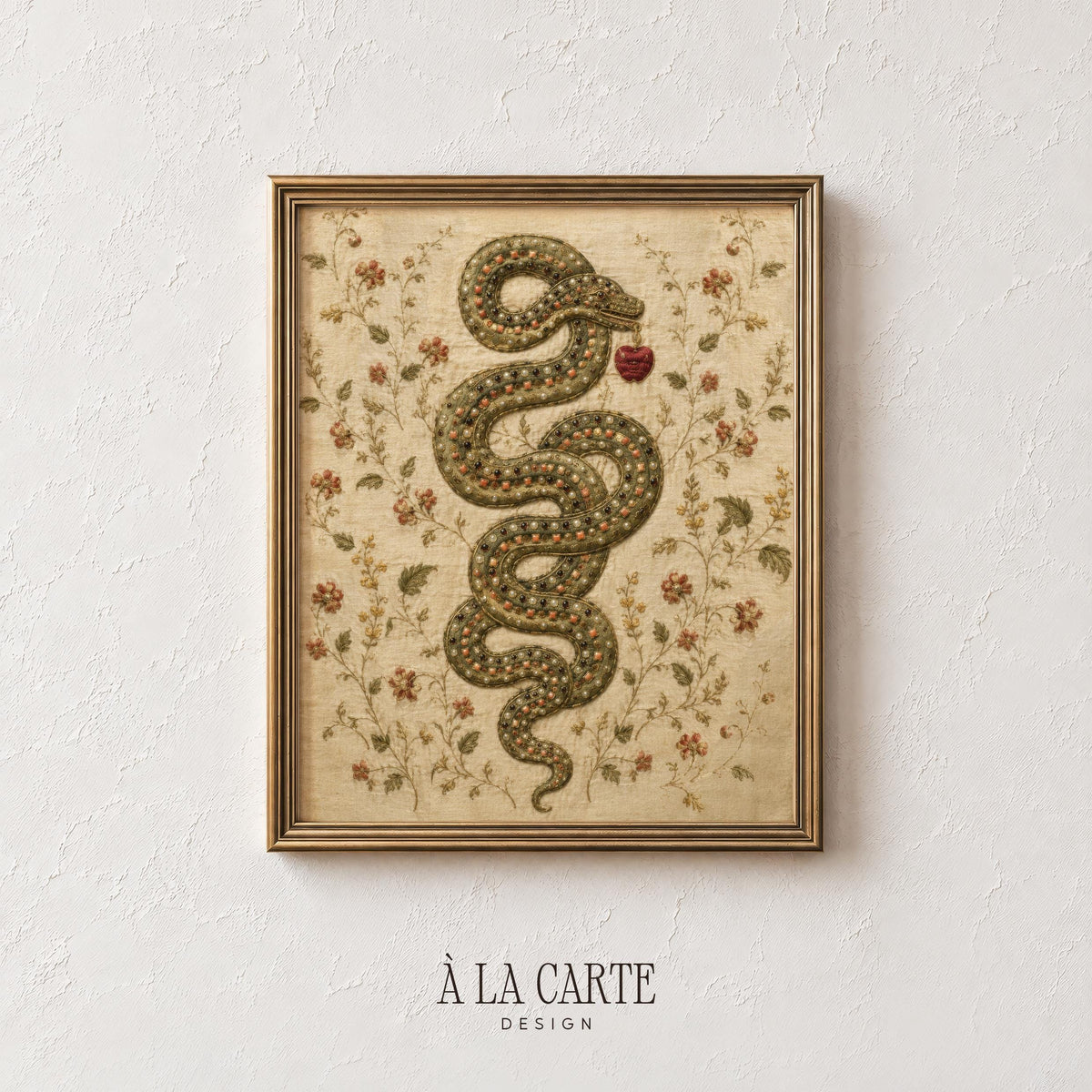 Coiled serpent with red apple printable art for bedroom — vintage tapestry aesthetic with jewel tones and botanical details