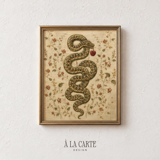 Coiled serpent with red apple printable art for bedroom — vintage tapestry aesthetic with jewel tones and botanical details