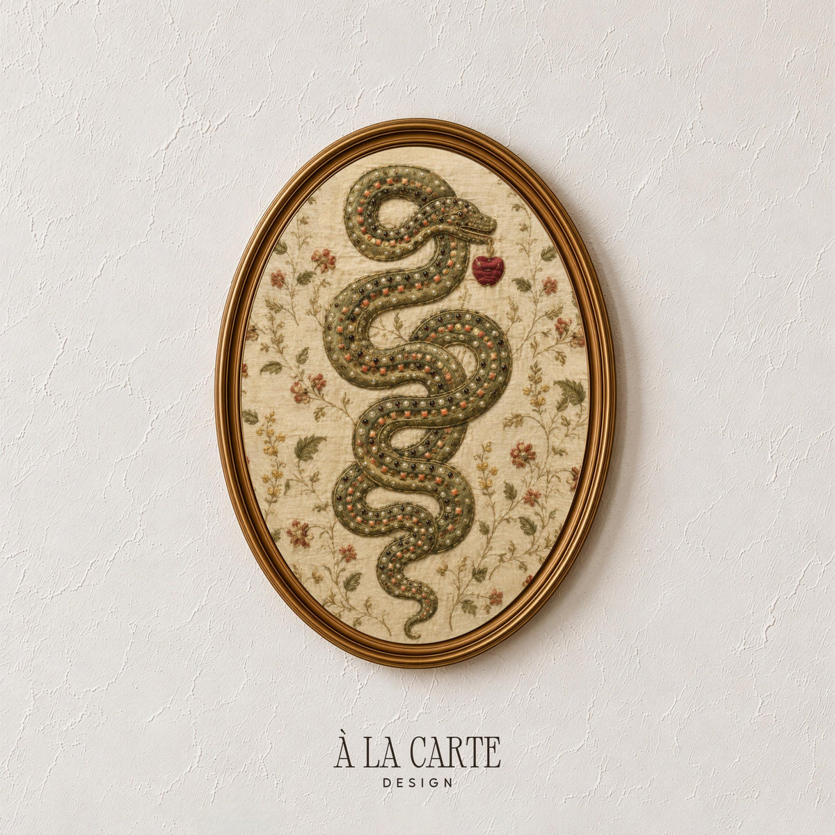 Vintage botanical digital print showcasing entwined snake — antique embroidered look with parchment background and delicate trailing vines