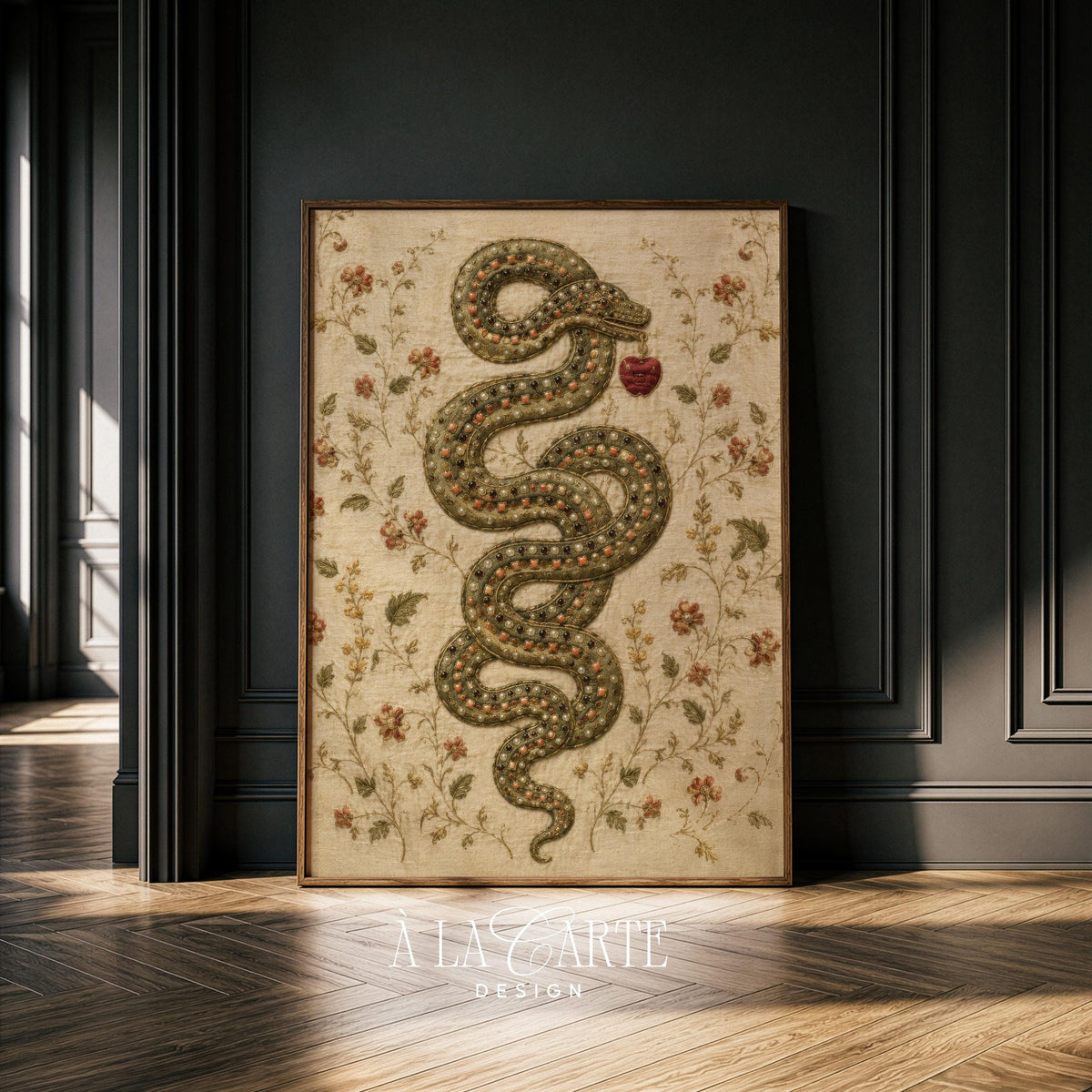 Gothic romantic wall art for study — ornate serpent portrait with jewel-toned embroidered texture and aged floral elements