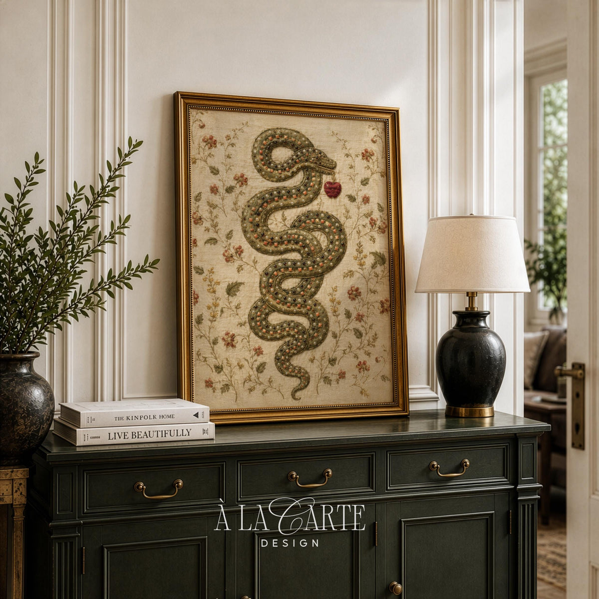 Vintage floral tapestry poster with ornamental snake — dark yet elegant design featuring jeweled tones and trailing greenery