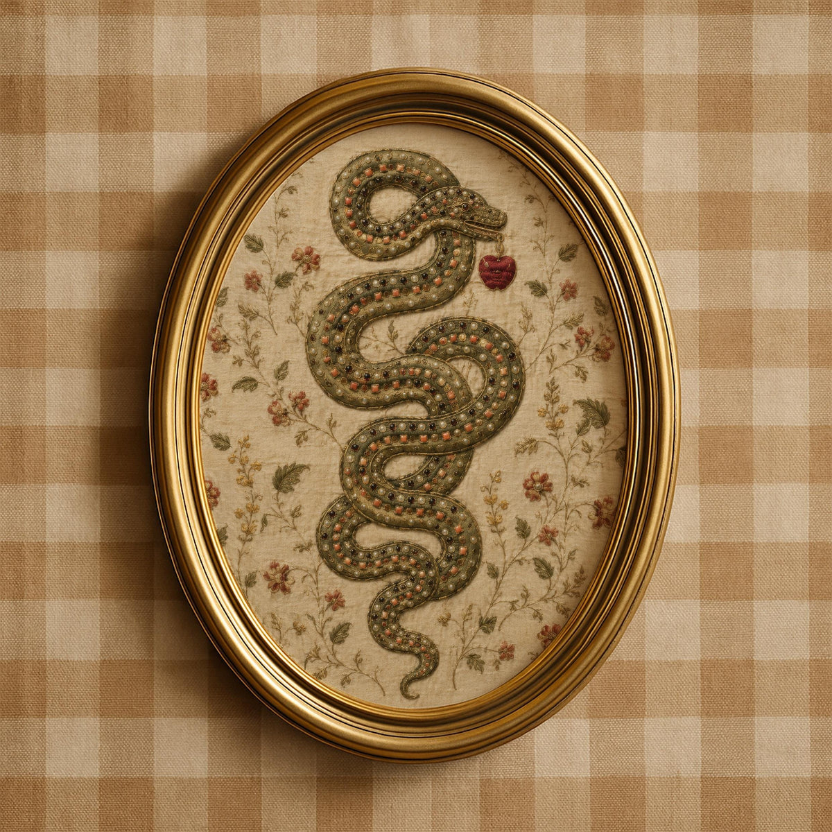 Ornate reptile artwork for gallery wall — jewel-toned tapestry-inspired print with pink blooms and aged parchment finish