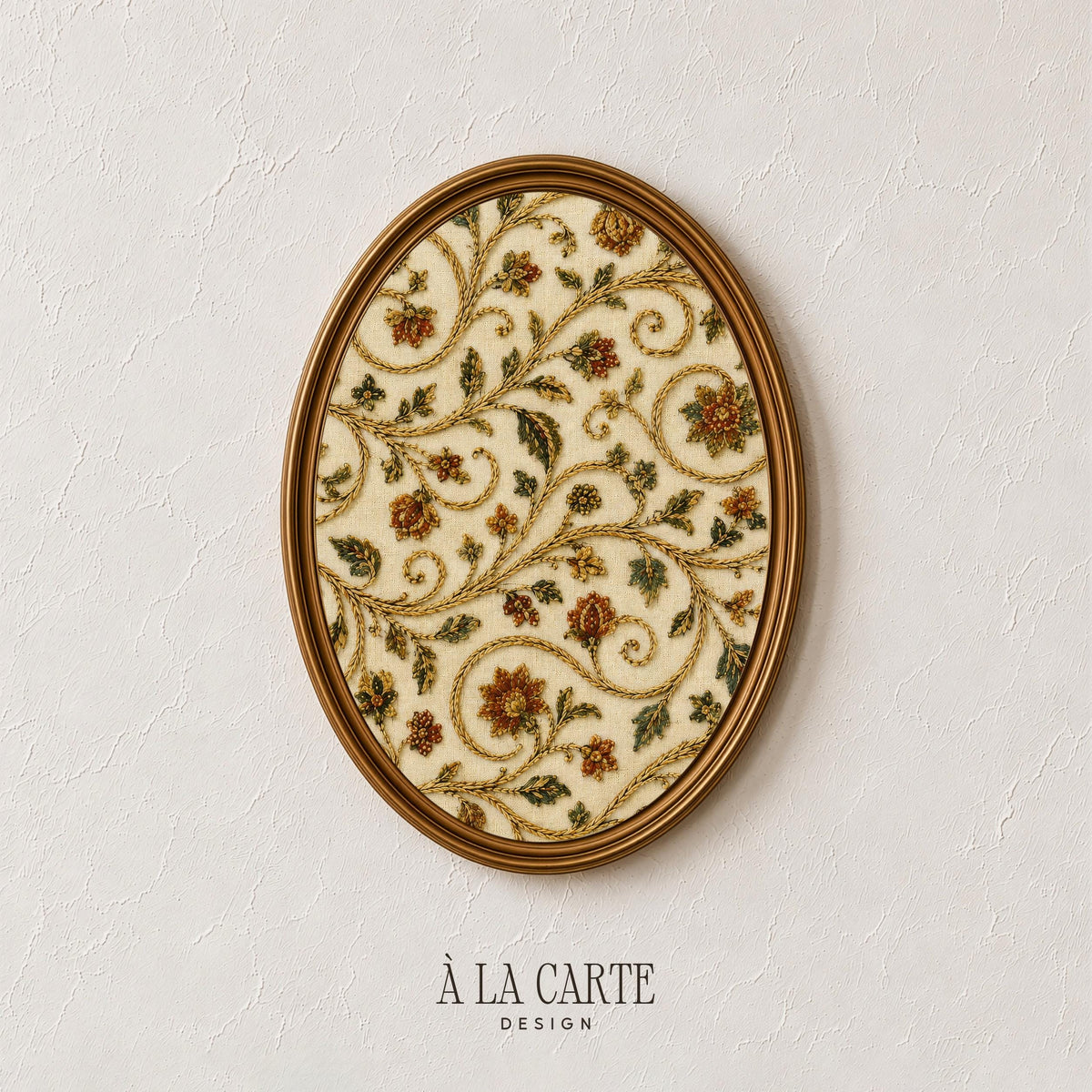 Classic ornamental flora artwork for gallery walls — heritage textile aesthetic with intricate swirling botanical details