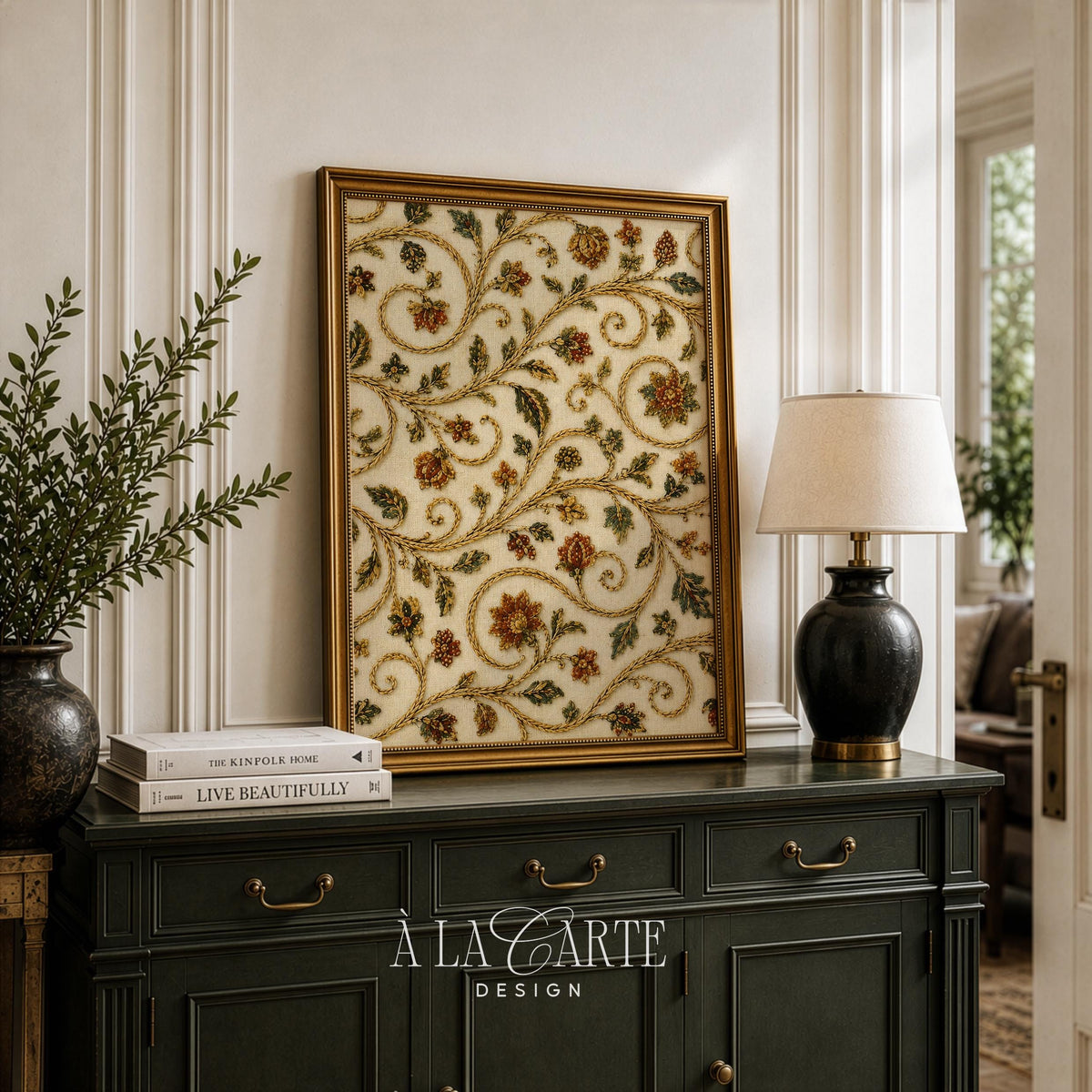 Heritage leaf and blossom digital art for study — antique textile-inspired design with fine embroidery flourishes