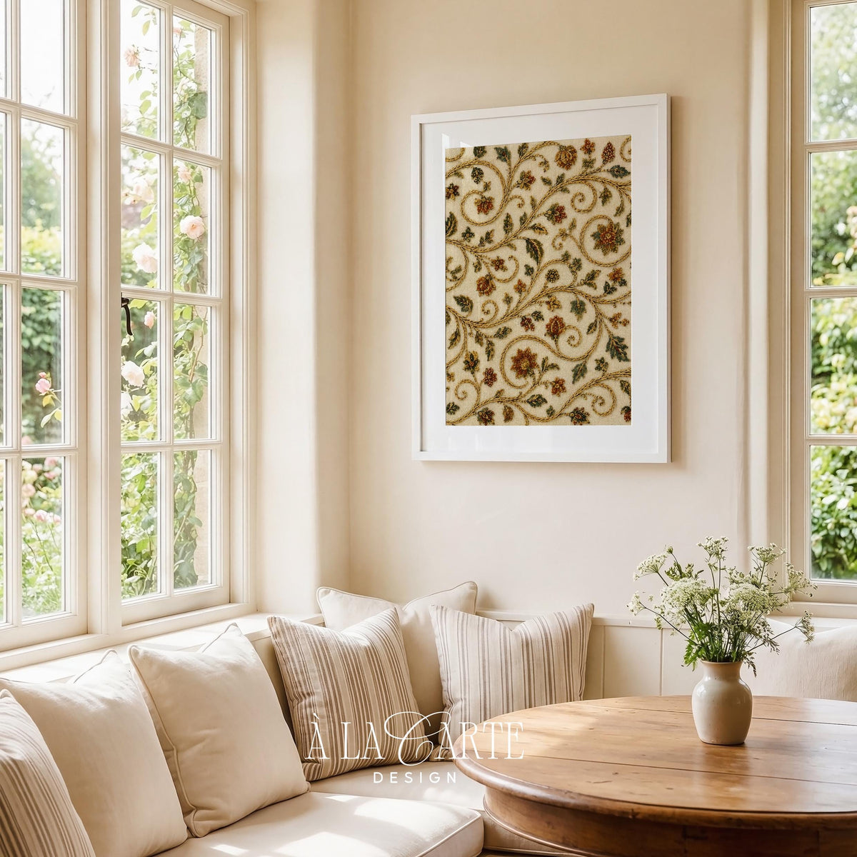 Classic botanical tapestry wall art featuring swirling vines, small flowers, and traditional heritage aesthetics