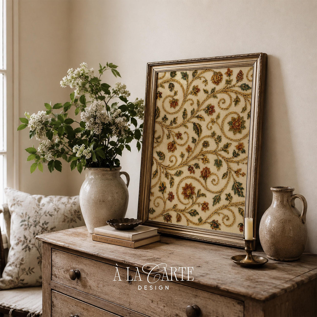 Antique textile pattern wall art featuring intricate vine scrollwork and blossom motifs on cream background