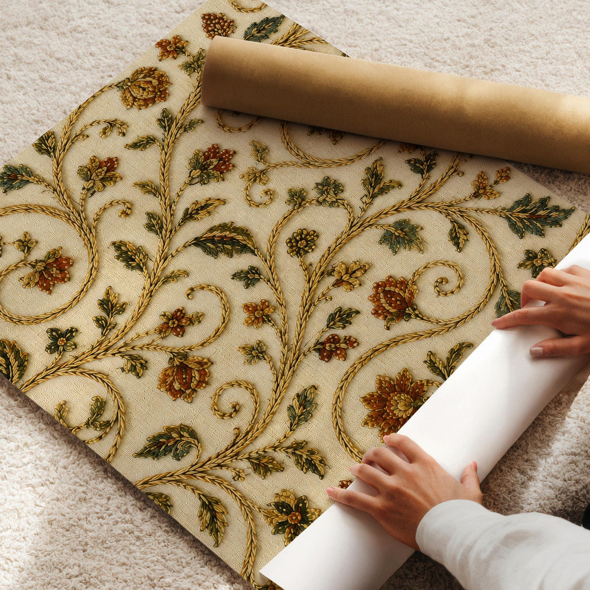 Elegant ornate scroll picture printable for entryway — muted jewel tones on aged cream textured background