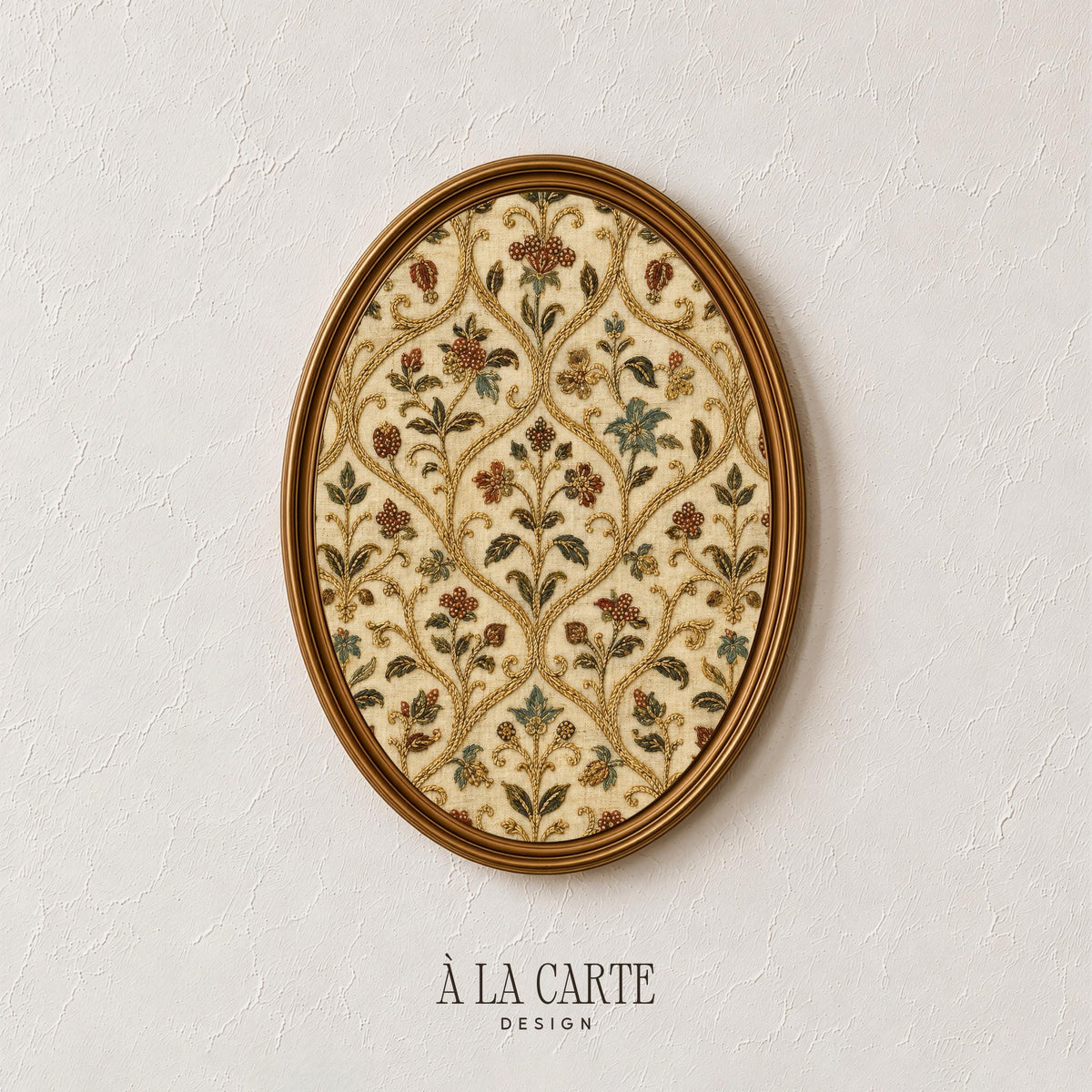 Traditional floral trellis wall print — aged tapestry design combining scrollwork and small clustered florals