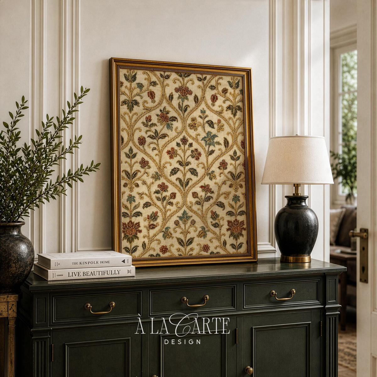 Antique floral lattice artwork digital print — vintage embroidered aesthetic with gold-tone blooms on aged canvas