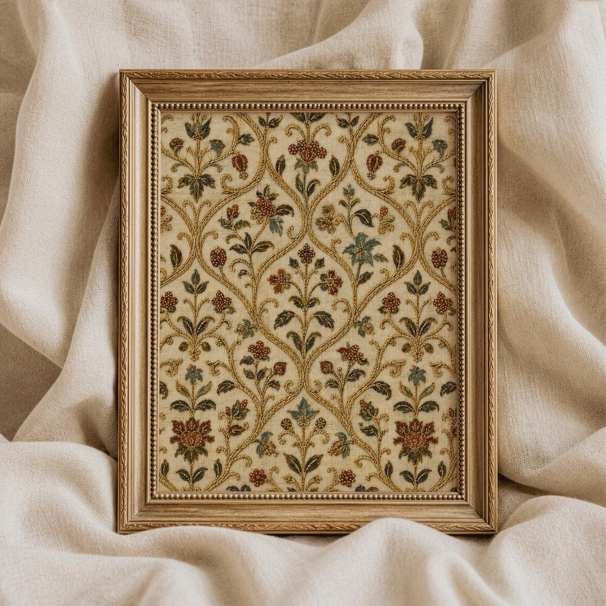 Damask floral pattern digital print for bedroom — heirloom embroidered tapestry aesthetic in muted earth tones