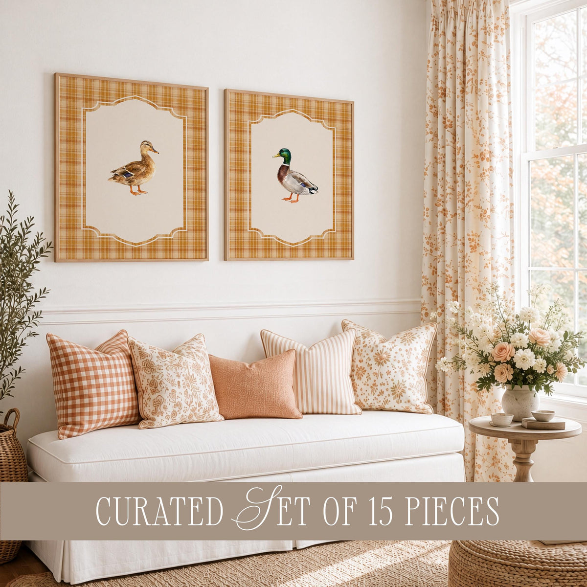 Vintage Fall Bird Wall Art Set of 15, Cottagecore Plaid Prints, Woodland Bird Illustrations Collection, French Country Decor Bundle B3