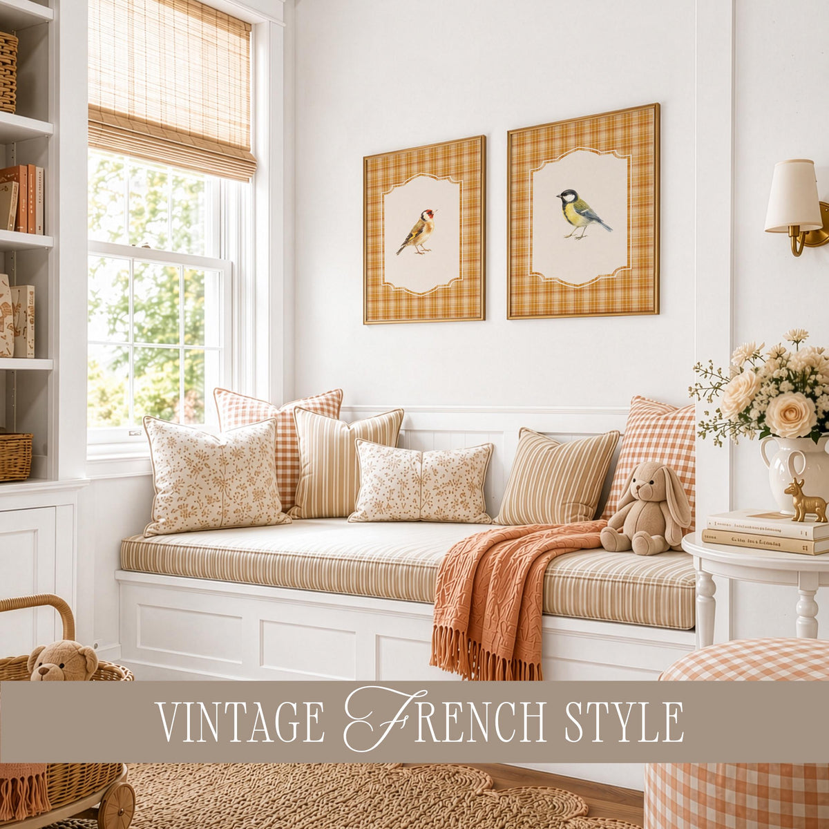 Vintage Fall Bird Wall Art Set of 15, Cottagecore Plaid Prints, Woodland Bird Illustrations Collection, French Country Decor Bundle B3