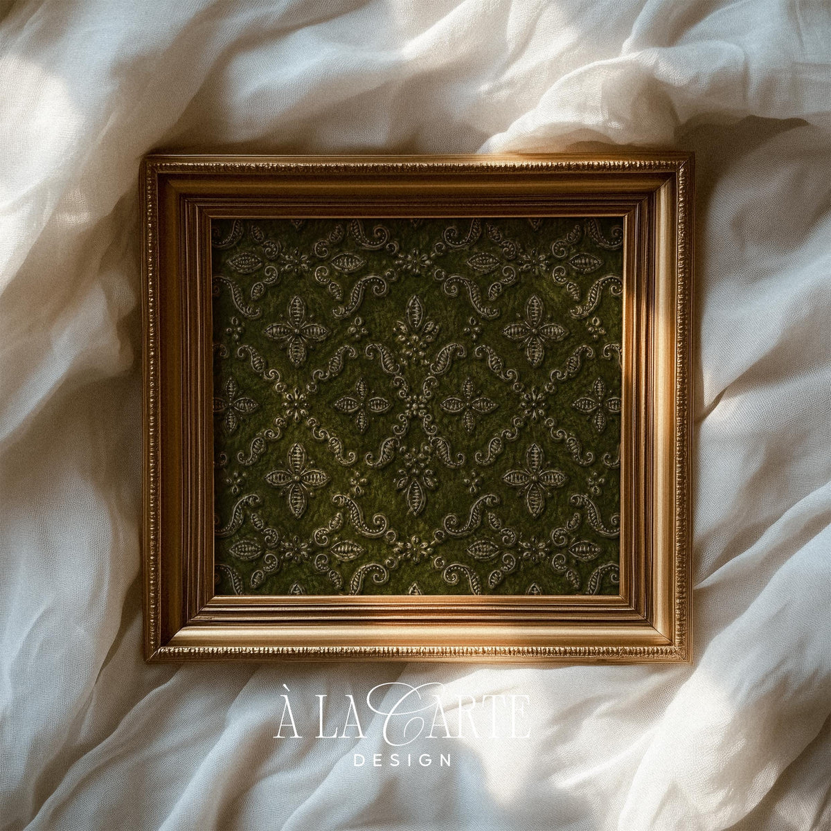 Rich antique floral poster for hallway — woven textile aesthetic with cream medallions and geometric repeating patterns